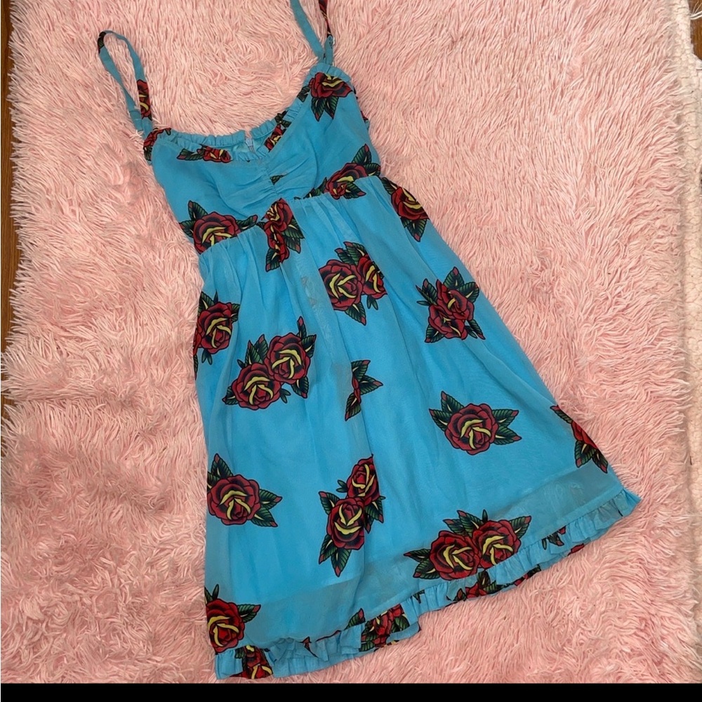 Blue Floral Midi Dress with Spaghetti Straps